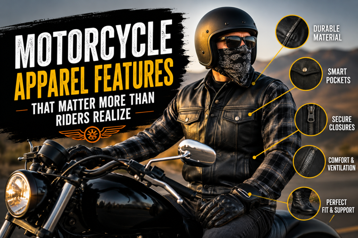 Motorcyclist wearing premium leather motorcycle apparel featuring a leather vest, gloves, boots, and helmet on an open highway.